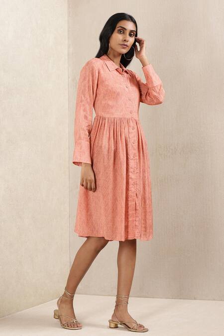 Ritu Kumar_Peach Viscose Silk Geometric Shirt Collar Printed Dress_Online_at_Aza_Fashions