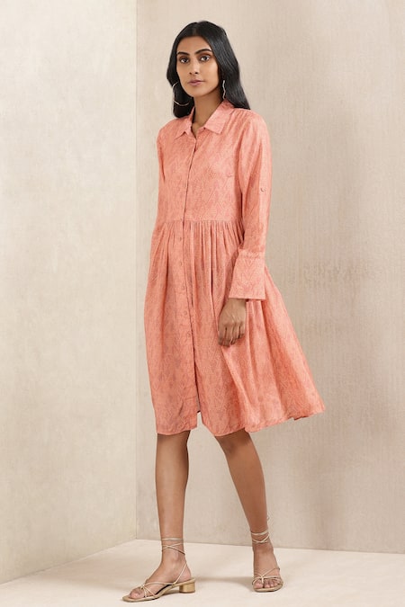 Buy_Ritu Kumar_Peach Viscose Silk Geometric Shirt Collar Printed Dress_Online_at_Aza_Fashions