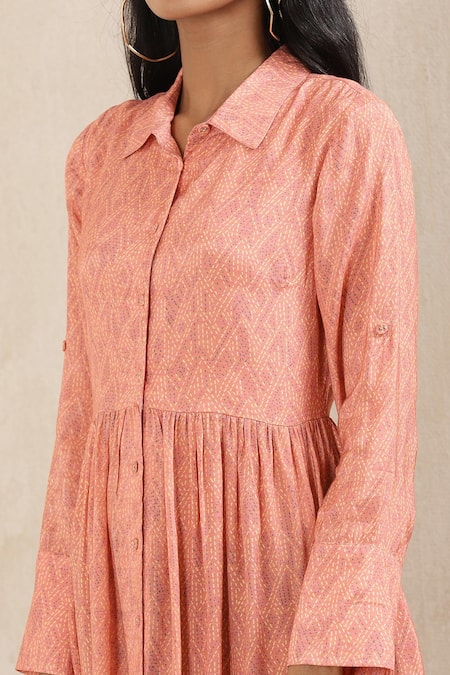 Shop_Ritu Kumar_Peach Viscose Silk Geometric Shirt Collar Printed Dress_Online_at_Aza_Fashions