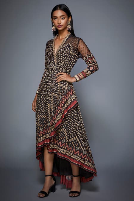 Buy_RI.Ritu Kumar_Beige Viscose Moss Crepe V Neck Printed Asymmetric Dress _Online_at_Aza_Fashions