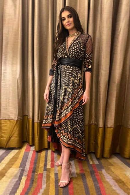 RI.Ritu Kumar Beige Viscose Moss Crepe V Neck Printed Asymmetric Dress 