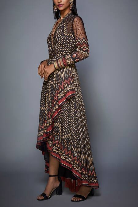 Shop_RI.Ritu Kumar_Beige Viscose Moss Crepe V Neck Printed Asymmetric Dress _Online_at_Aza_Fashions