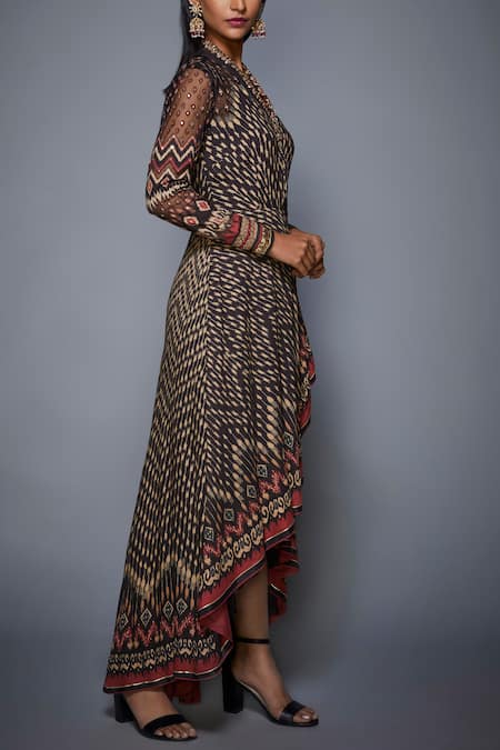 RI.Ritu Kumar_Beige Viscose Moss Crepe V Neck Printed Asymmetric Dress _Online_at_Aza_Fashions