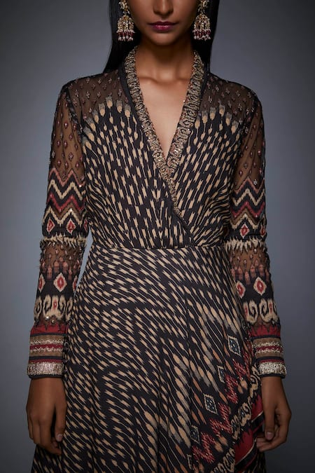 RI.Ritu Kumar_Beige Viscose Moss Crepe V Neck Printed Asymmetric Dress _at_Aza_Fashions