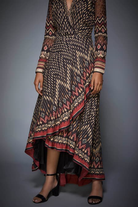 Buy_RI.Ritu Kumar_Beige Viscose Moss Crepe V Neck Printed Asymmetric Dress 