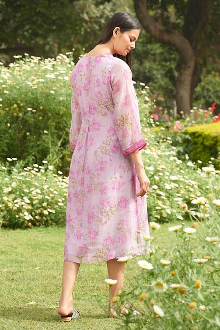 Shop Priti Prashant Purple Handwoven Mul Cotton V Neck Printed Dress at Aza Fashions Shop_Priti Prashant_Purple Handwoven Mul Cotton V Neck Printed Dress _at_Aza_Fashions