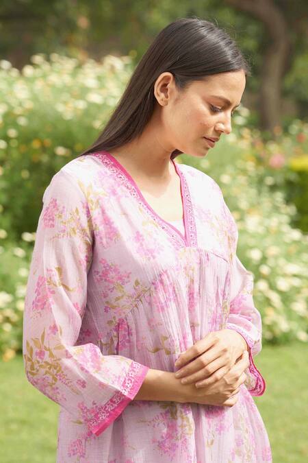 Buy Priti Prashant Purple Handwoven Mul Cotton V Neck Printed Dress Online at Aza Fashions Buy_Priti Prashant_Purple Handwoven Mul Cotton V Neck Printed Dress _Online_at_Aza_Fashions