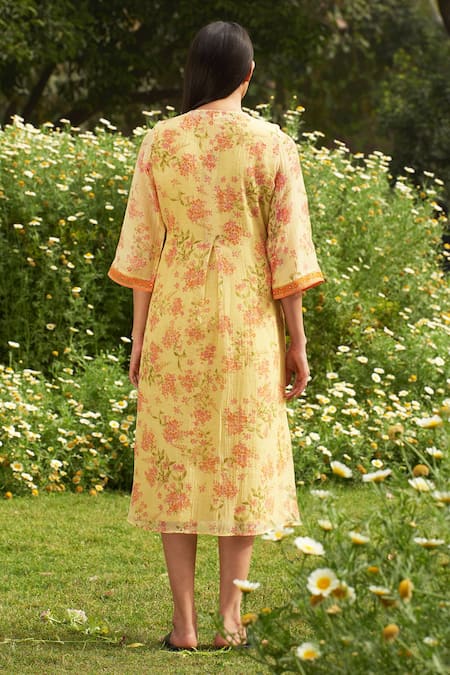 Shop Priti Prashant Yellow Handwoven Mul Cotton V Neck Printed Dress at Aza Fashions Shop_Priti Prashant_Yellow Handwoven Mul Cotton V Neck Printed Dress _at_Aza_Fashions