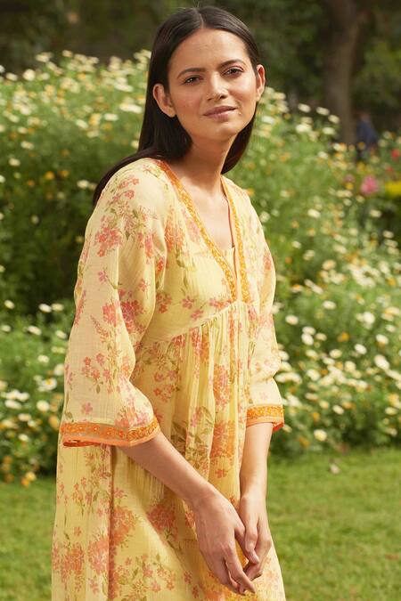 Shop Priti Prashant Yellow Handwoven Mul Cotton V Neck Printed Dress Online at Aza Fashions Shop_Priti Prashant_Yellow Handwoven Mul Cotton V Neck Printed Dress _Online_at_Aza_Fashions