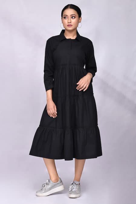 Samyukta Singhania Black Slub Cotton Embroidery Shirt Collar Pleated Dress 