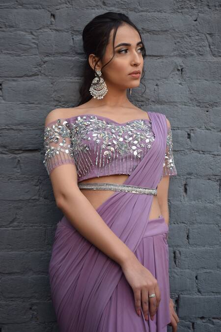 Parul Gandhi_Purple Net, Balloon Lycra Sweetheart Neck Pre-draped Saree Set _Online_at_Aza_Fashions