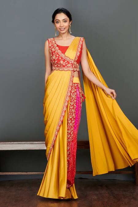 Buy_Onaya_Yellow Satin Embroidery Cutdana Round Pre-draped Saree With Blouse_Online_at_Aza_Fashions