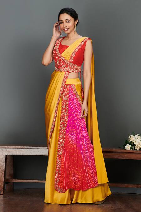 Shop_Onaya_Yellow Satin Embroidery Cutdana Round Pre-draped Saree With Blouse_Online_at_Aza_Fashions
