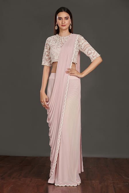 Onaya Pink Lycra And Satin Embroidery Moti Round Pre-draped Saree With Blouse