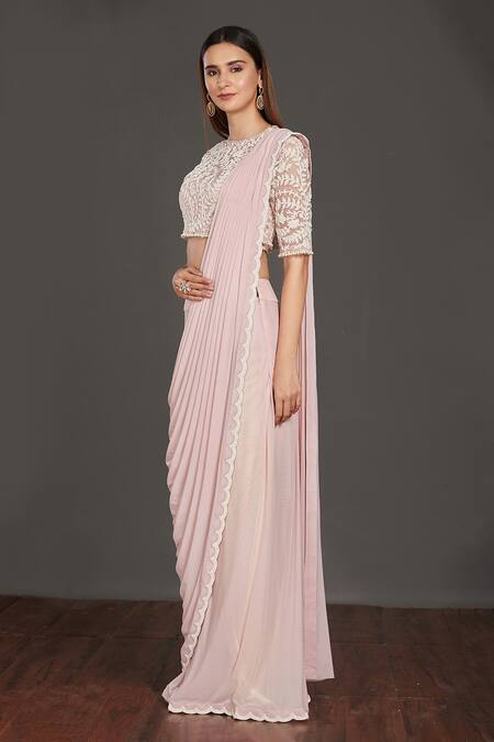 Onaya_Pink Lycra And Satin Embroidery Moti Round Pre-draped Saree With Blouse_Online_at_Aza_Fashions
