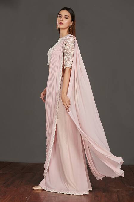 Buy_Onaya_Pink Lycra And Satin Embroidery Moti Round Pre-draped Saree With Blouse_Online_at_Aza_Fashions