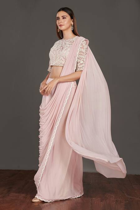 Shop_Onaya_Pink Lycra And Satin Embroidery Moti Round Pre-draped Saree With Blouse_Online_at_Aza_Fashions