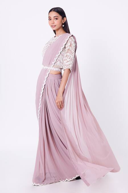 Buy_Onaya_Purple Lycra And Satin Embroidery Moti Round Pre-draped Saree With Blouse_Online_at_Aza_Fashions