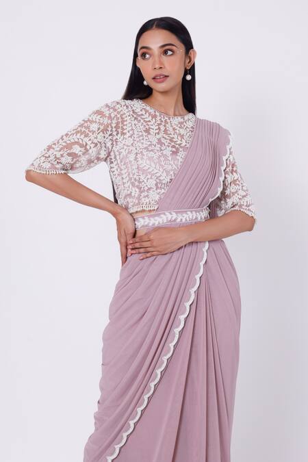 Shop_Onaya_Purple Lycra And Satin Embroidery Moti Round Pre-draped Saree With Blouse_Online_at_Aza_Fashions