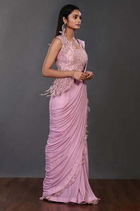 Onaya_Pink Lycra Embroidered Sequins Round Pre-draped Saree With Statement Blouse_Online_at_Aza_Fashions