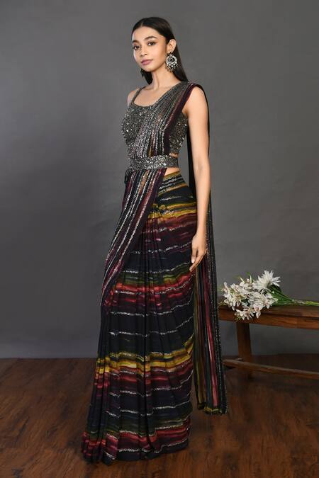 Onaya_Black Georgette Embroidery Round Sequin Striped Saree Set _Online_at_Aza_Fashions