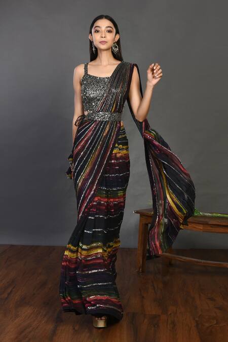 Buy_Onaya_Black Georgette Embroidery Round Sequin Striped Saree Set _Online_at_Aza_Fashions