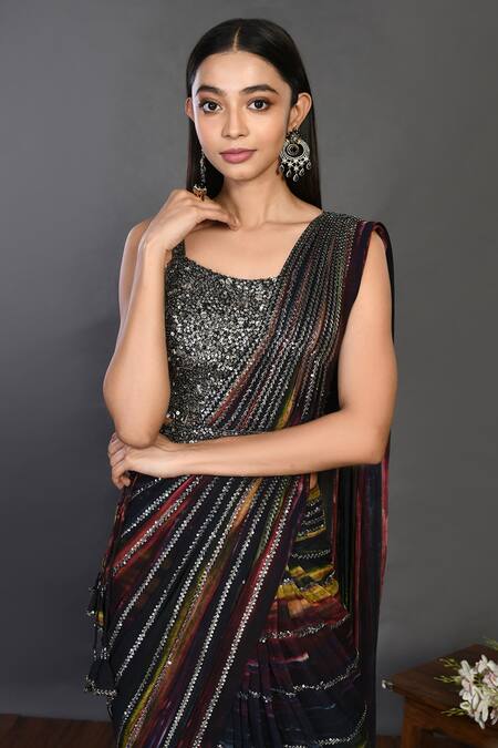 Shop_Onaya_Black Georgette Embroidery Round Sequin Striped Saree Set _Online_at_Aza_Fashions