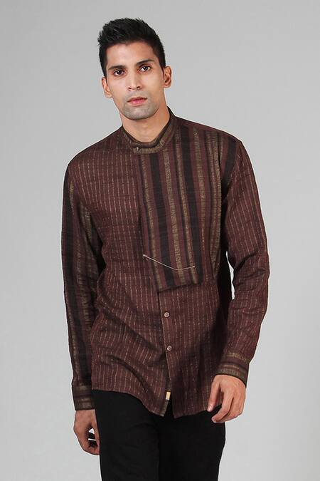 Buy_Dhatu Studio_Brown Handloom Ahimsa Silk Brocade Shirt _Online_at_Aza_Fashions