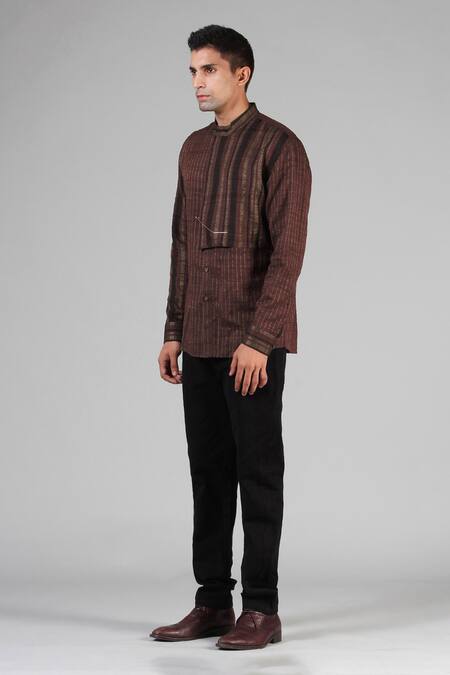 Dhatu Studio_Brown Handloom Ahimsa Silk Brocade Shirt _Online_at_Aza_Fashions