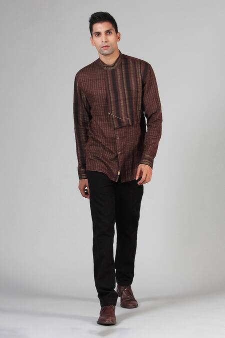 Shop_Dhatu Studio_Brown Handloom Ahimsa Silk Brocade Shirt _Online_at_Aza_Fashions