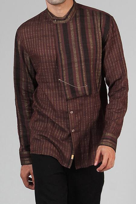 Dhatu Studio_Brown Handloom Ahimsa Silk Brocade Shirt _at_Aza_Fashions
