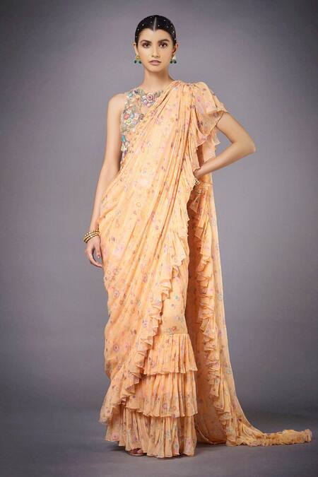 Buy_RI.Ritu Kumar_Peach Saree  Blouse 50% 50%polyster Pre-draped Ruffle With _Online_at_Aza_Fashions