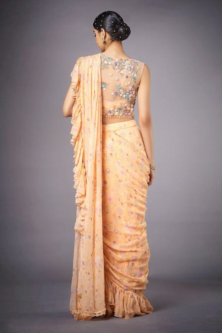 Shop_RI.Ritu Kumar_Peach Saree  Blouse 50% 50%polyster Pre-draped Ruffle With _at_Aza_Fashions