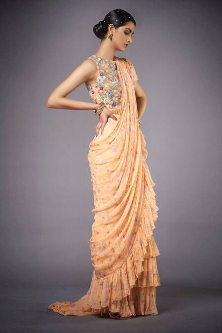 RI.Ritu Kumar_Peach Saree  Blouse 50% 50%polyster Pre-draped Ruffle With _Online_at_Aza_Fashions
