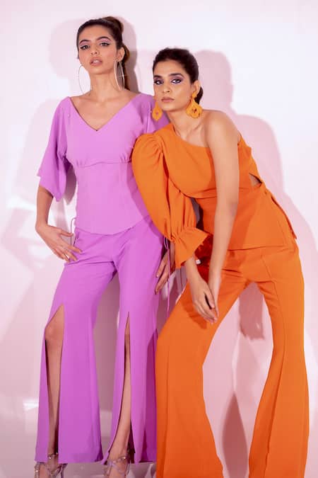Buy Sonam Parmar Jhawar Purple Textured Jersey V Neck Grace Corset Top And Flared Pant Set Online at Aza Fashions Buy_Sonam Parmar Jhawar_Purple Textured Jersey V Neck Grace Corset Top And Flared Pant Set _Online_at_Aza_Fashions