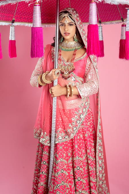 Buy Abhinav Mishra Pink Raw Silk, Organza V Neck Embroidered Lehenga Set Online at Aza Fashions Buy_Abhinav Mishra_Pink Raw Silk, Organza V Neck Embroidered Lehenga Set _Online_at_Aza_Fashions