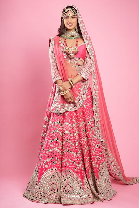 Abhinav Mishra Pink Raw Silk V Neck Embroidered Lehenga Set 