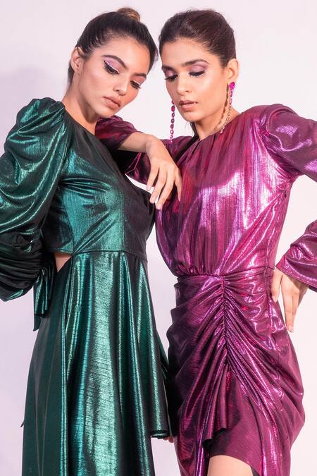 Shop_Sonam Parmar Jhawar_Emerald Green Metallic Foil Lycra Round Bree Short Dress _Online_at_Aza_Fashions