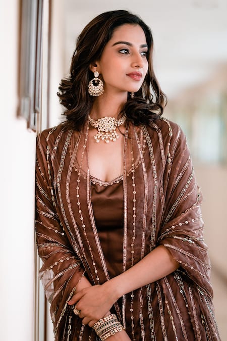 Shop Divya Aggarwal Brown Kurta And Pant Heavy Satin Dupatta Organza Rocio Embellished With Set Online at Aza Fashions Shop_Divya Aggarwal_Brown Kurta And Pant Heavy Satin Dupatta Organza Rocio Embellished With Set _Online_at_Aza_Fashions