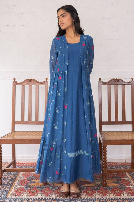 Vaayu_Blue Cotton Chanderi Jacket Dress_Online_at_Aza_Fashions