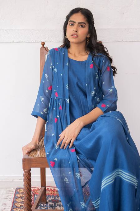 Buy_Vaayu_Blue Cotton Chanderi Jacket Dress_Online_at_Aza_Fashions