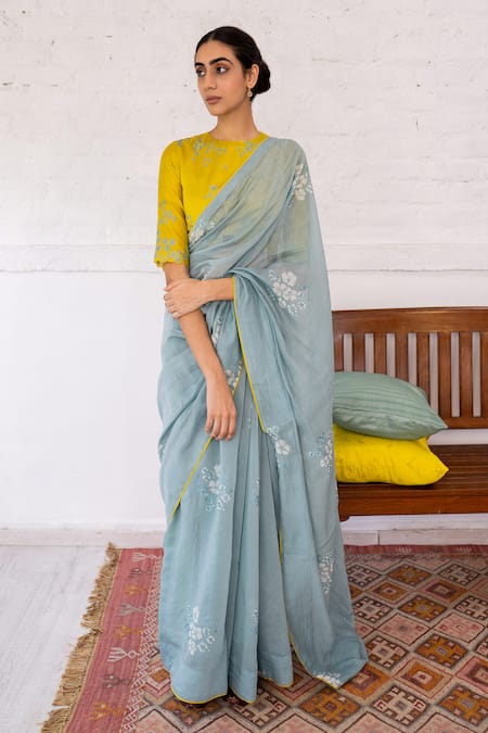 Buy Indigo Dabu Print Chanderi Silk Sarees With Blouse - Kiran's Boutique