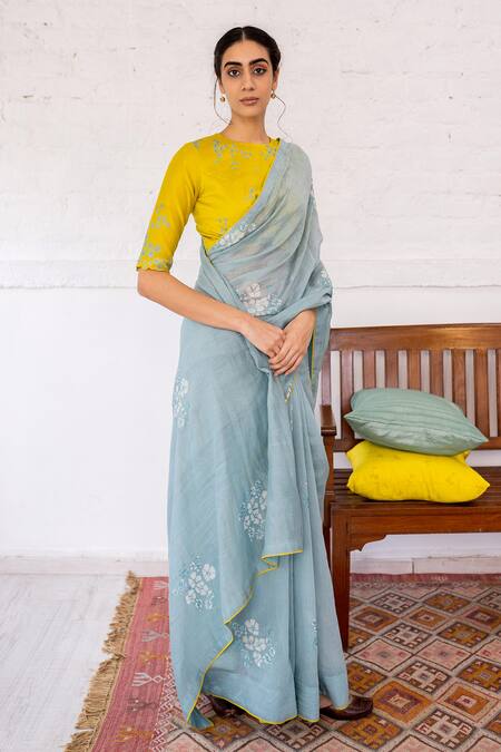 Vaayu_Blue Cotton Chanderi Saree _Online_at_Aza_Fashions