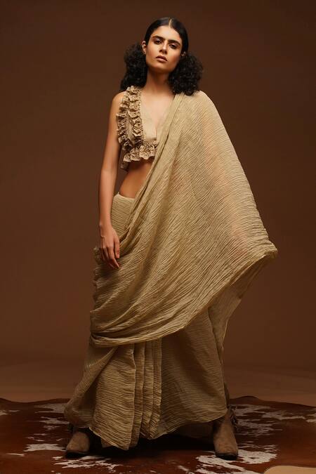 Aditya Sikand_Beige 30% Silk Handwoven, 70% Organic Cotton V Neck Crinkled Saree With Blouse_Online_at_Aza_Fashions