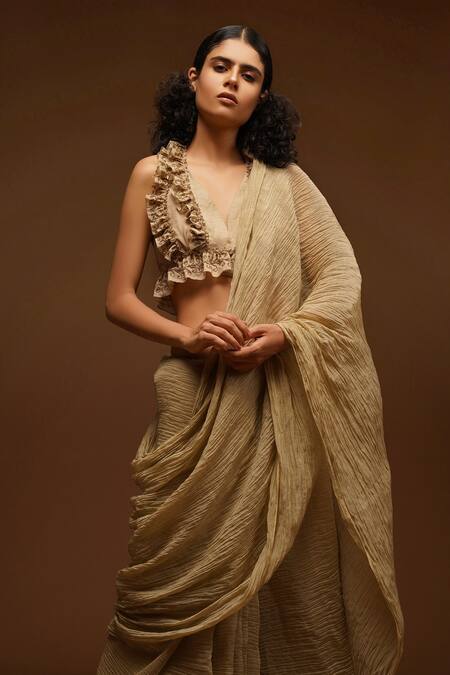 Buy_Aditya Sikand_Beige 30% Silk Handwoven, 70% Organic Cotton V Neck Crinkled Saree With Blouse_Online_at_Aza_Fashions