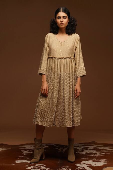 ADITYA SIKAND Beige 70% Organic Cotton Embroidery Round Dress 