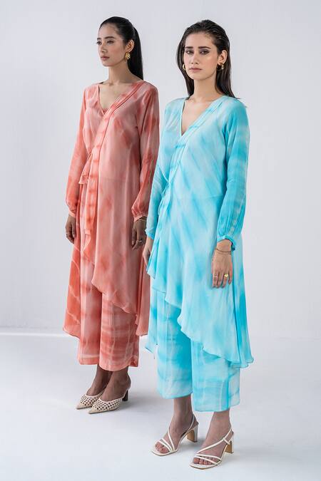Buy_Ranng Label_Orange Natural Crepe Tie-dye V Neck Tie Dye Tunic And Palazzo Set _Online_at_Aza_Fashions