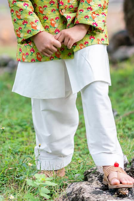 Shop Little Luxury White Brocade, Cotton Embroidery Jacket And Kurta Set at Aza Fashions Shop_Little Luxury_White Brocade, Cotton Embroidery Jacket And Kurta Set _at_Aza_Fashions