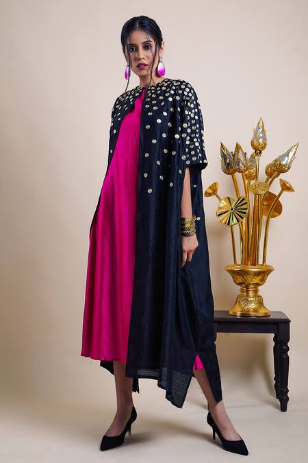 Shop Bhusattva Pink Organic Silk Embroidery Polka Dots Dress Crew A-line With Cape Online at Aza Fashions Shop_Bhusattva_Pink Organic Silk Embroidery Polka Dots Dress Crew A-line With Cape _Online_at_Aza_Fashions