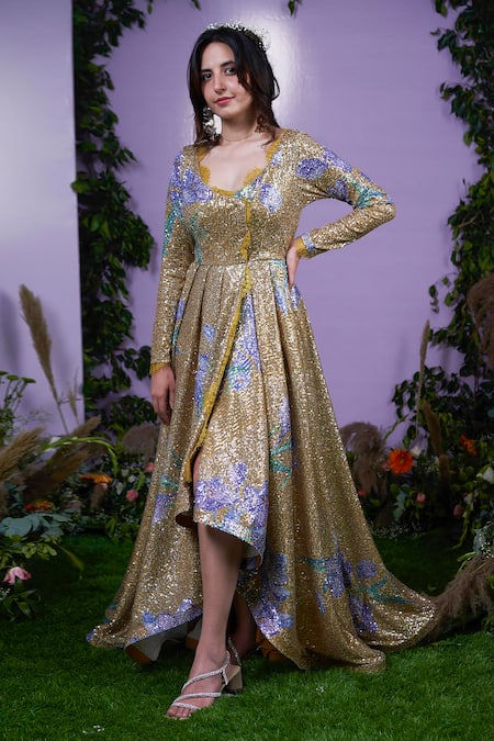 Buy_Pooja Bagaria_Yellow Spandex, Net Sequins Scoop Neck Embellished Ball Gown_Online_at_Aza_Fashions